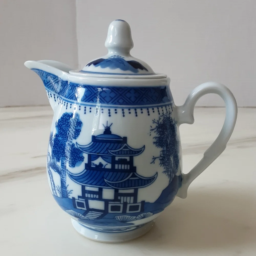 Jingdezhen Porcelain Blue & White Canton 3 Piece Tea Set - Vtg